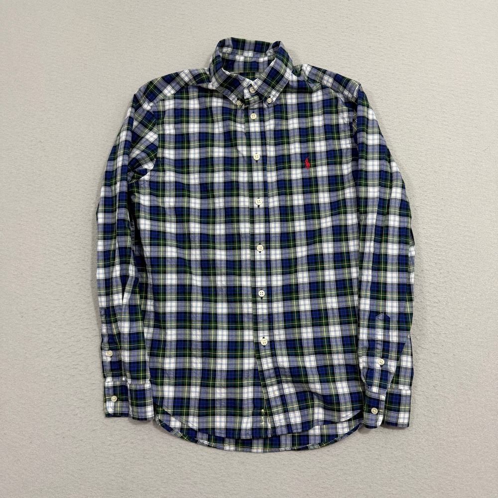 Polo Ralph Lauren Button Down Shirt Large Blue Plaid Natural Stretch Long Sleeve